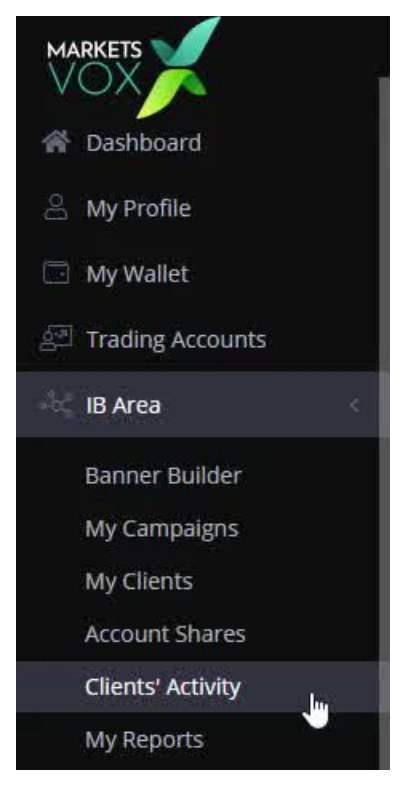 MarketsVox sidebar IB Area expanded with Clients Activity highlighted